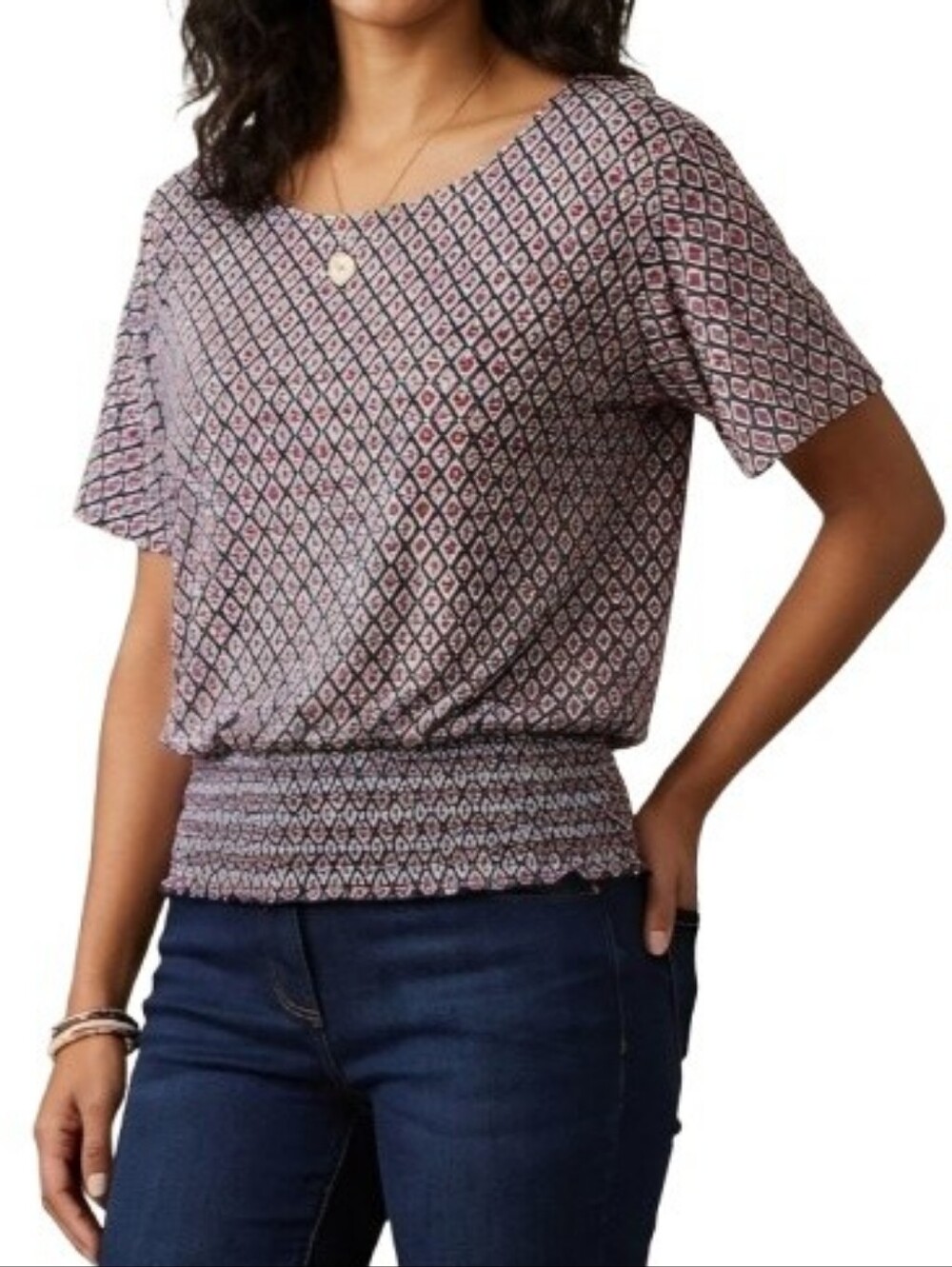 Passports Geo-Print Blouse Red Blue Flutter Slit Sleeves Smocked Hem